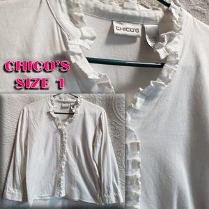 Chico's White Button Down Blouse W/Ruffled Neck & Placquet Size 1 Or Med (T-213)